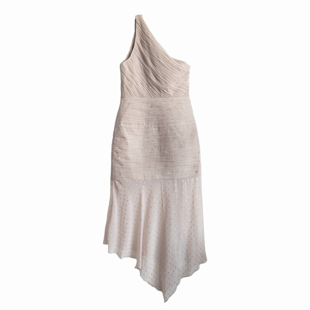 Halston Heritage One Shoulder Metallic Champagne Gold Trumpet Dress Size 8 - Picture 3 of 15